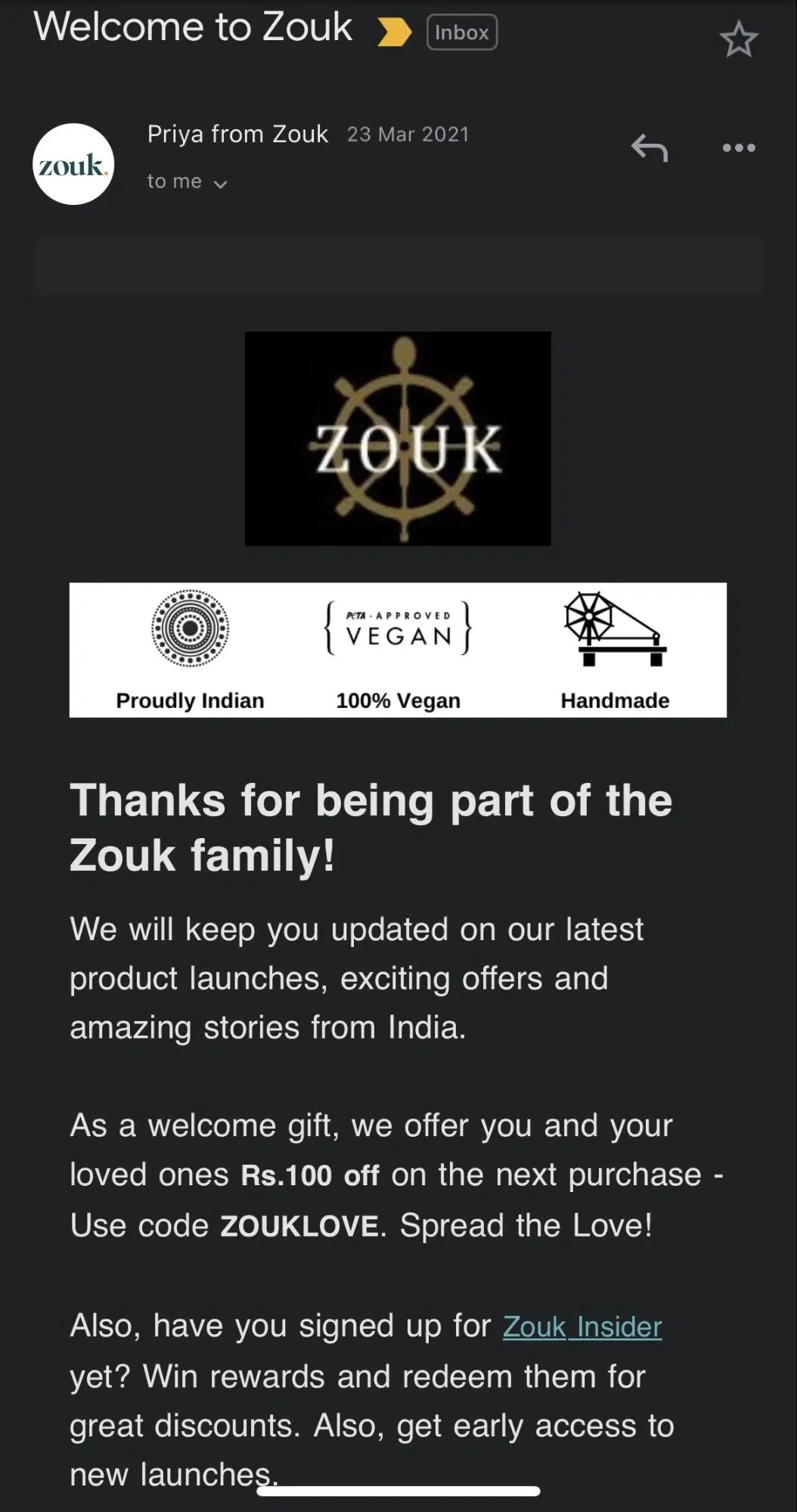 Use email automation to send post-purchase emails like Zouk