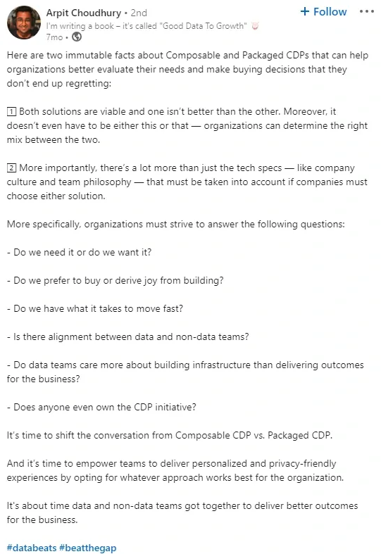Linked In Post on what questions a business must answer before deciding on a CDP cefb28a7be - Lifesight