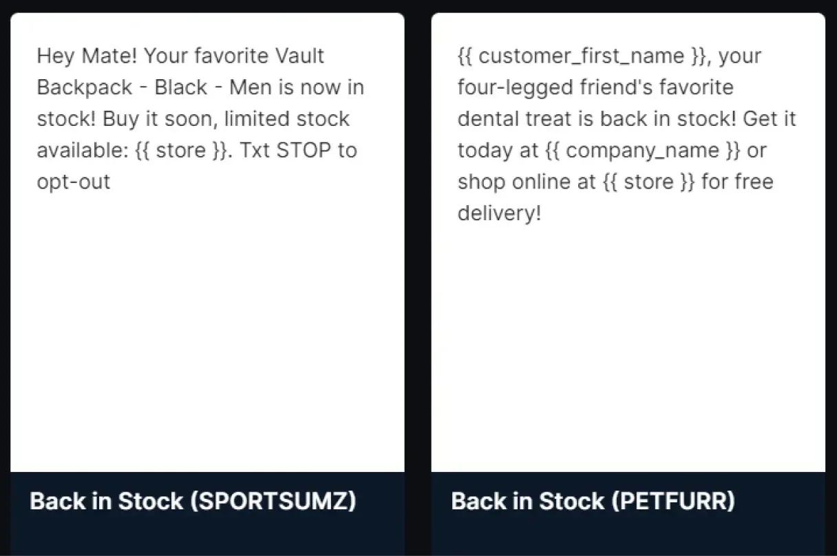 sms templates back in stock templates from lifesight